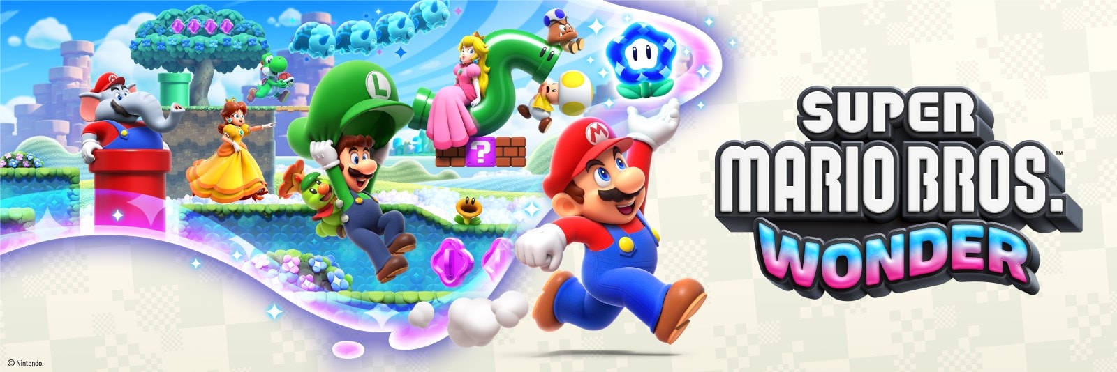 Super Mario Bros Wonder banner image, with Mario and Luigi running over a colorful background, and the game logo on the right.